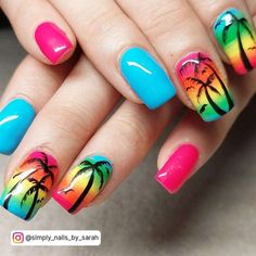 Summer Nail Designs Palm Trees Palm Tree Nail Art, Palm Nails, Weekend In Miami, Palm Tree Nails, Blue Glitter Nails, Purple Nail Art, Dream Ideas