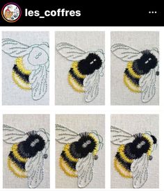 four different pictures of a bee with yellow and black wings