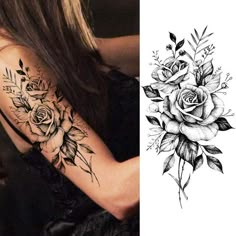 a woman's arm with flowers and leaves on it, next to an image of the