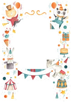 a circus themed birthday card with animals, balloons and streamers in the shape of a circle