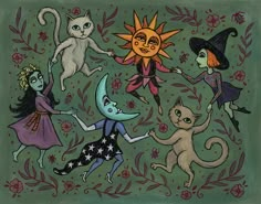 an image of cats and witches dancing in the air with sun on their head, moon on their back