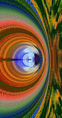 an abstract image with many colors and shapes in the center, as well as a blue circle