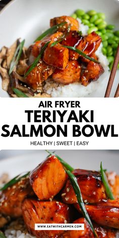 an air fryer teriyaki salmon bowl with rice and vegetables