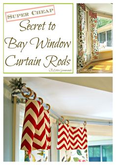 some red and white curtains hanging from the side of a window with text overlay that reads, secret to bay window curtain rods