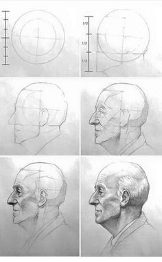 sketches of the head and shoulders of an old man with different angles to each side