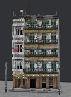 a tall building with lots of windows and balconies on the top floor is shown