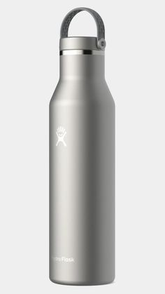 a stainless steel water bottle with a handle on the side and a white sticker that says hydro flask