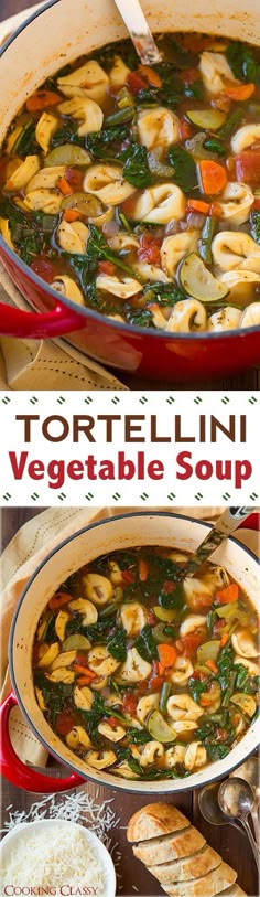 two pictures showing different types of tortellini vegetable soup