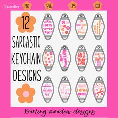 the 12 sarcastic keychain designs are shown in pink, orange and yellow colors