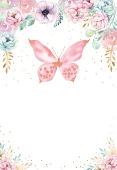 a watercolor painting of a pink butterfly with flowers on it's back ground