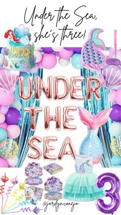 under the sea birthday party poster with mermaid balloons and confetti for an under the sea theme