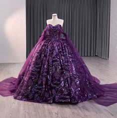 Experience a regal sensation in our exquisite deep purple party ball gown, adorned with luxurious and vibrant multi-colored sequined designs. The stunning sweetheart neckline and fitted bodice add a touch of elegance, while the satin ribbon lace up back allows for a comfortable and customizable fit. Complete with a sweeping train, this gown is sure to make a statement. material: organza color: as shown type: party ball gown built in bra sweetheart neckline off the shoulder long drape train as shown lace up back original photos Elegant Sequined Quinceanera Dress For Gala, Quinceanera Dresses With Sequins And Sweetheart Neckline, Sequin Dress With Sweetheart Neckline For Quinceanera, Purple Floor-length Quinceanera Dress, Fitted Sequined Quinceanera Dress With Sweetheart Neckline, Fitted Quinceanera Dress With Sequins And Sweetheart Neckline, Fitted Sequined Quinceanera Dress For Gala, Purple Quinceanera Dress With Fitted Bodice, Purple Floor-length Ball Gown For Quinceanera