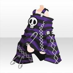 a paper doll wearing a purple and black outfit with a skull on it's head