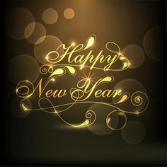 a happy new year greeting card with gold lettering on a black background and boket lights