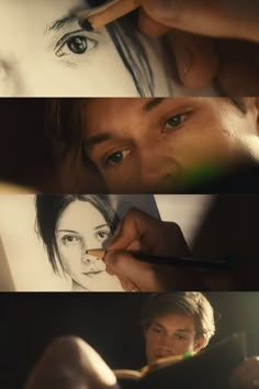 the man is drawing his own face with pencils and watercolor paints on paper