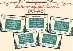 four christmas cards with the words warm up for level aa - 2a