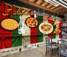 a wall mural with pizzas and other food on it