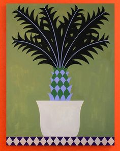 a painting of a potted plant on a checkered tablecloth with an orange background