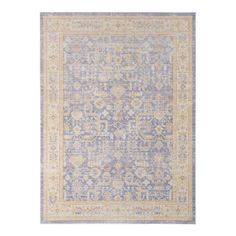 a blue and yellow rug with an intricate design on the bottom, in front of a white background