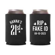 two black can coolers with white lettering on them