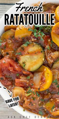 a white bowl filled with cooked ratatoulie and sliced zucchini in tomato sauce