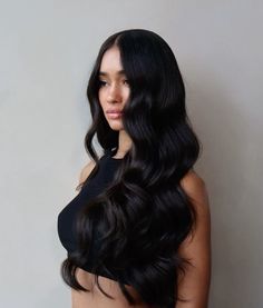 #haircolor #waves #blackhaircolor #longhair Curled Hair Photoshoot, Long Wavy Hair Blowout, Black Hair Blowout Styles, Long Black Wedding Hair, Long Black Hair Styles, Off Black Hair, Long Curled Hair, Black Hair Curls