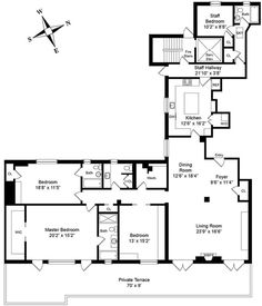 the floor plan for an apartment with two separate rooms and one living room on each side