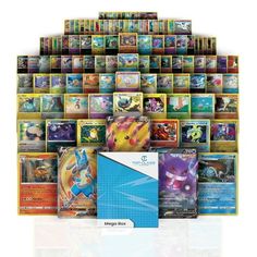 the pokemon trading cards are stacked on top of each other, with different designs and colors