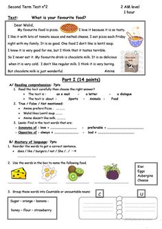 a worksheet with words and pictures to help students understand what food they are