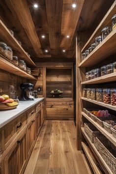 a wooden pantry filled with lots of food