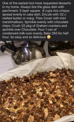 a baking pan filled with chocolate chips on top of a stove