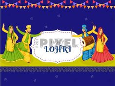 Illustration Of Punjabi Couples Performing Bhangra Dance With Dhol Instrument On Blue Background For Happy Lohri Celebration. #Lohri #celebration #culture #enjoy #worship #prosperity