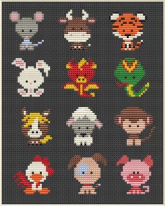 the cross stitch pattern is designed to look like animals and other things in different colors