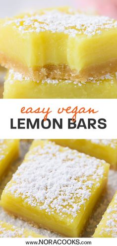 lemon bars stacked on top of each other with the words easy vegan lemon bars