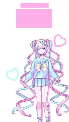 a drawing of a girl with long pink hair and blue dress, standing in front of a