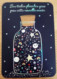 a card with an image of a bottle filled with stars