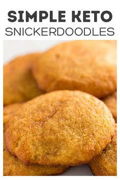 some cookies are stacked on top of each other with the words, simple keto snickkerdoodleles