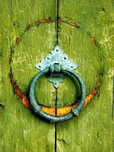 a green door with a metal handle on it's side and an orange ring in the middle