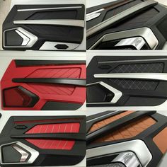 four different views of the interior of a car with red and black trimmings