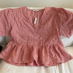 Nwt Never Been Worn Been Folded In Closet For A Year Red Short Sleeve Shirt For Day Out, Casual Plaid Tops For Brunch, Red Casual Top For Brunch, Casual Red Top For Brunch, Gingham V-neck Tops For Spring, Gingham V-neck Top For Day Out, Spring Gingham V-neck Top, Casual Red Blouse For Brunch, Red Cotton Blouse For Brunch