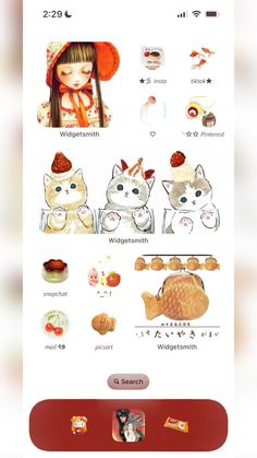 an iphone screen with various stickers and pictures on the phone, including two cats