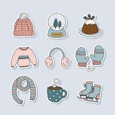 various winter stickers with hats, mittens, gloves and other items on them