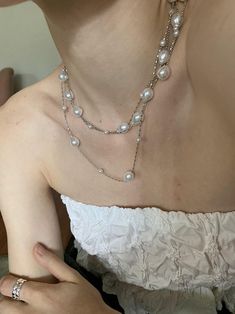 Material: Mixed Material Color: Silver Double-Layer Pearl Necklace Fashion Element: Round Style: Elegant Silver Necklace Sets, Debs Poster, Silver Jewelry Elegant, Silver And Pearl Jewelry, Perl Neckles, Necklace Layering Silver, Silver Necklaces Layered, Chain And Pearl Necklace, Pearl And Silver Necklace