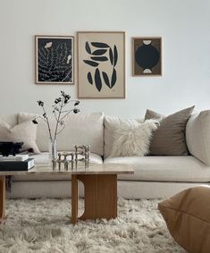 a living room filled with lots of furniture and pictures on the wall above it's coffee table