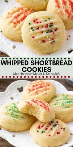 some cookies with sprinkles on them and the words whipped shortbread cookies