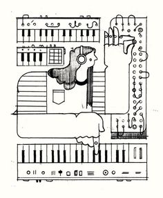 a drawing of an electronic device with many wires and knobs on the front side