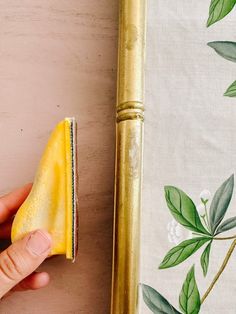 a hand holding a sponge next to a bamboo stick and wallpaper with green leaves on it