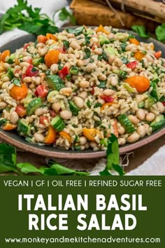 italian basil rice salad in a bowl on a white tablecloth with text overlay