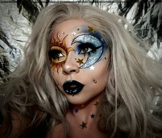 Glitter Halloween Makeup, Makeup Carnaval, Halloween Eyeshadow, Moon Makeup, Make Up Diy, Fantasy Make-up, Halloween Make-up Looks, Halloweenský Makeup, Festival Makeup Glitter