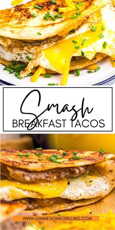 grilled breakfast tacos on a plate with text overlay that reads omash breakfast tacos